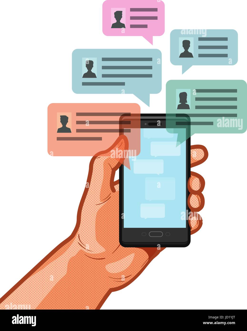 Smartphone, teléfono móvil en la mano. Chat, mensaje de chat online hablando de concepto. Ilustración vectorial Ilustración del Vector