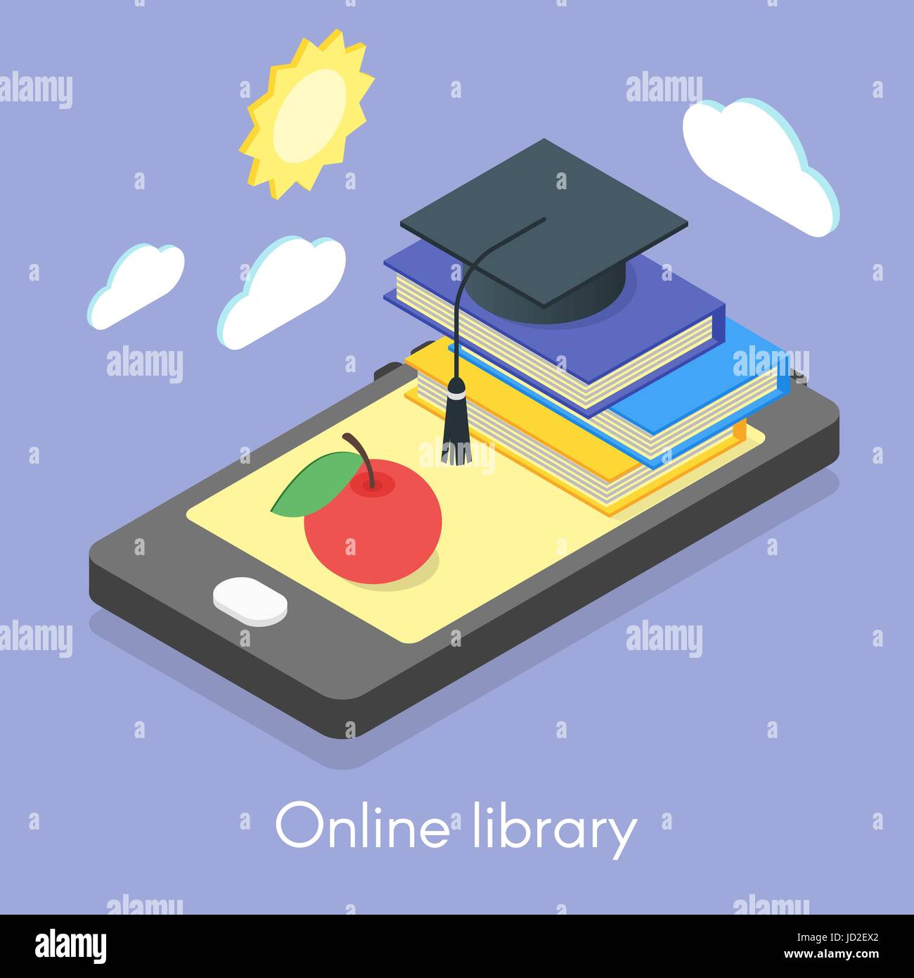 Vector concepto isométrica para biblioteca en línea, educación y auto-desarrollo. Smartphone y libros. Ilustración del Vector