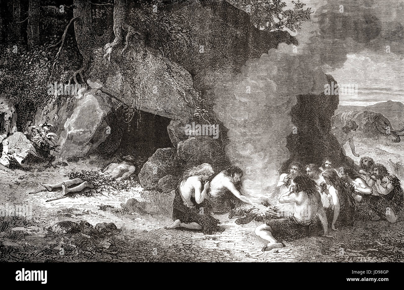 Un funeral comida durante la edad de piedra. A partir de l'Homme Primitif, publicado el 1870. Foto de stock