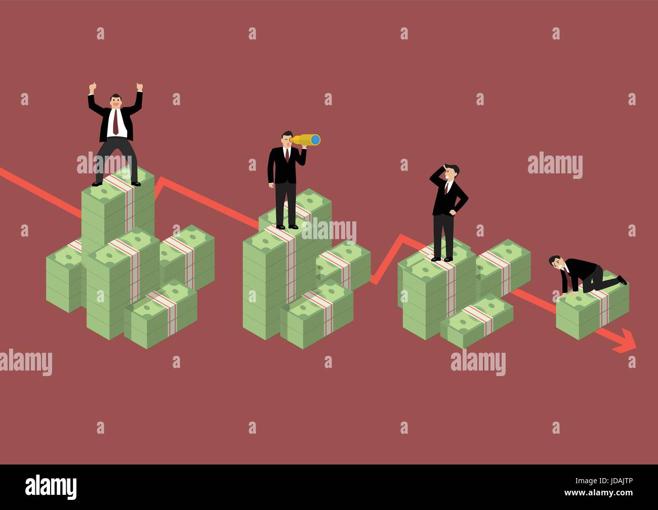 Disminuyendo el dinero con empresarios en diversas actividades. Concepto económico Ilustración del Vector