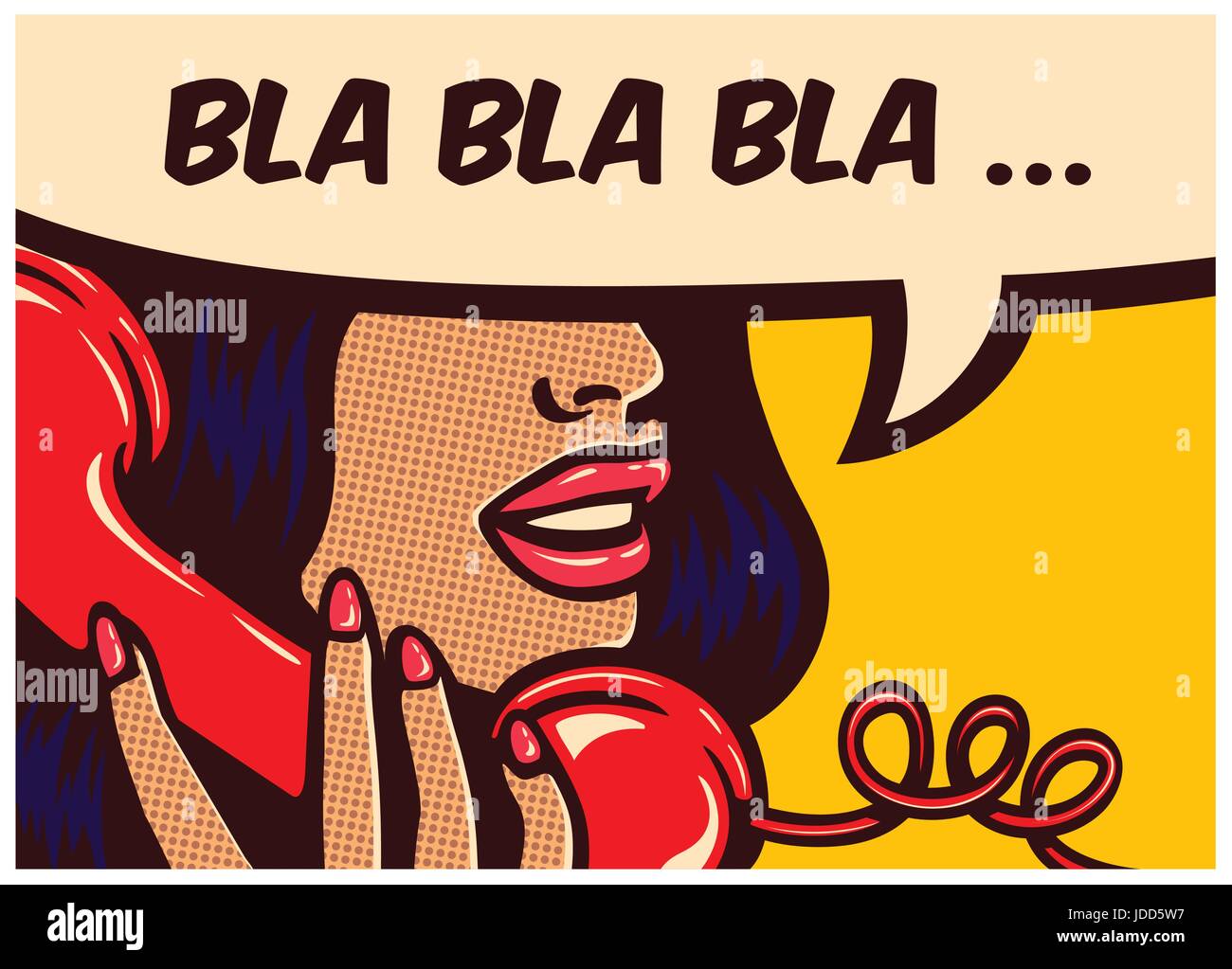 Pop art estilo cómic panel con chica diciendo tonterías bla bla en vintage teléfono chismes chatter en discurso de burbuja vector poster diseño ilustración Ilustración del Vector