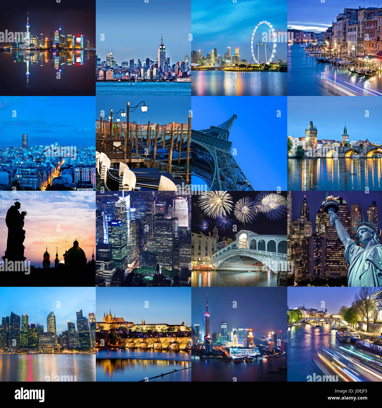 Las ciudades de la palabra por la noche, la plaza photo collage, el concepto de viajes y turismo Foto de stock