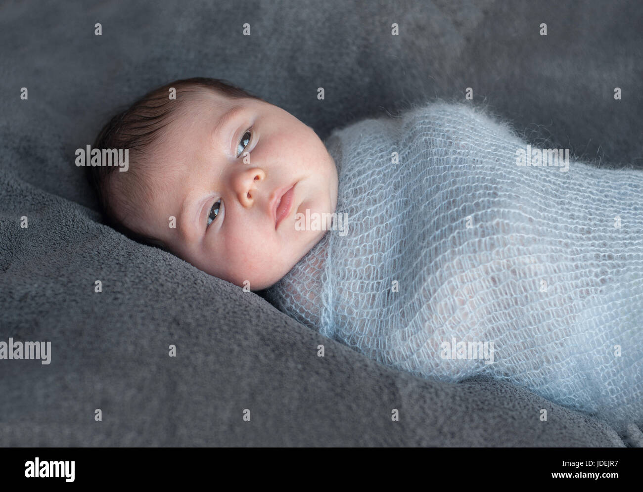 Bebé recién nacido envuelto en cálidas mantas tejidas. Bello retrato de un recién  nacido que está despierta y mira a su alrededor Fotografía de stock - Alamy