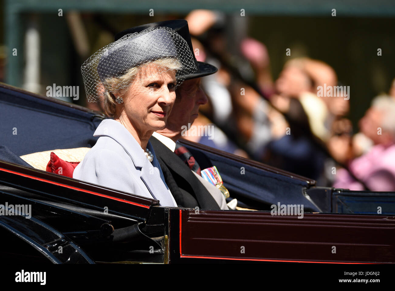 Birgitte, duquesa de Gloucester en carruaje en Trooping the Colour 2017, The Mall, Londres. Espacio para copia Foto de stock