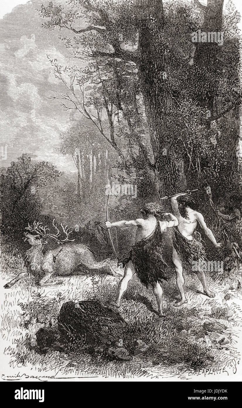 Cazadores de Neanderthal matar un reno durante la prehistoria. A partir de l'Homme Primitif, publicado el 1870. Foto de stock