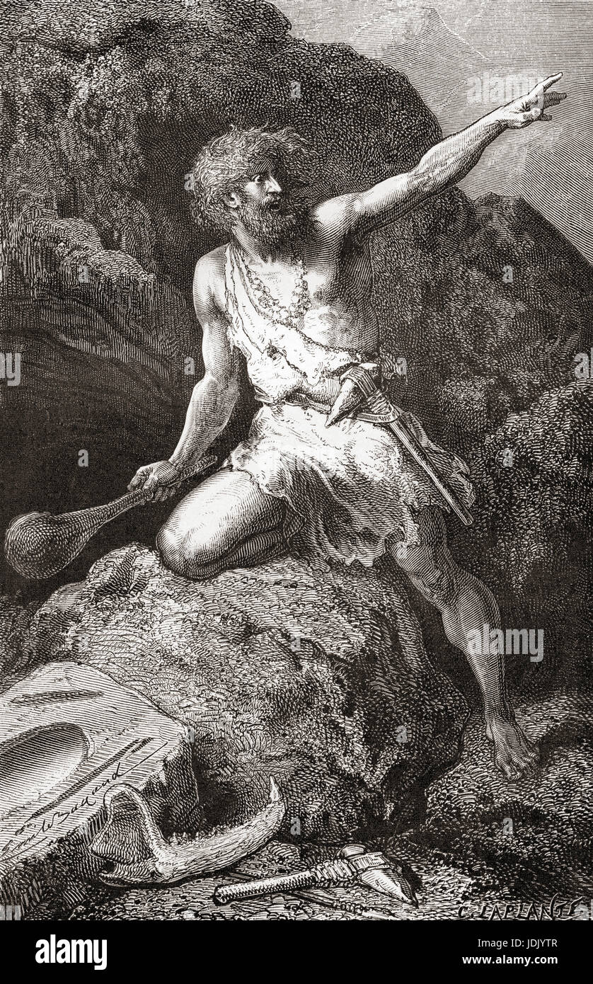 Hombre del neolítico de la nueva edad de piedra conocido como la edad de la piedra pulida. A partir de l'Homme Primitif, publicado el 1870. Foto de stock