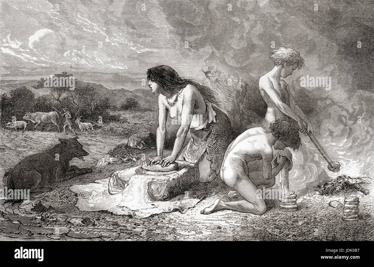 Hacer pan durante el Neolítico aka Nueva Edad de Piedra o edad de la piedra pulida. A partir de l'Homme Primitif, publicado el 1870. Foto de stock
