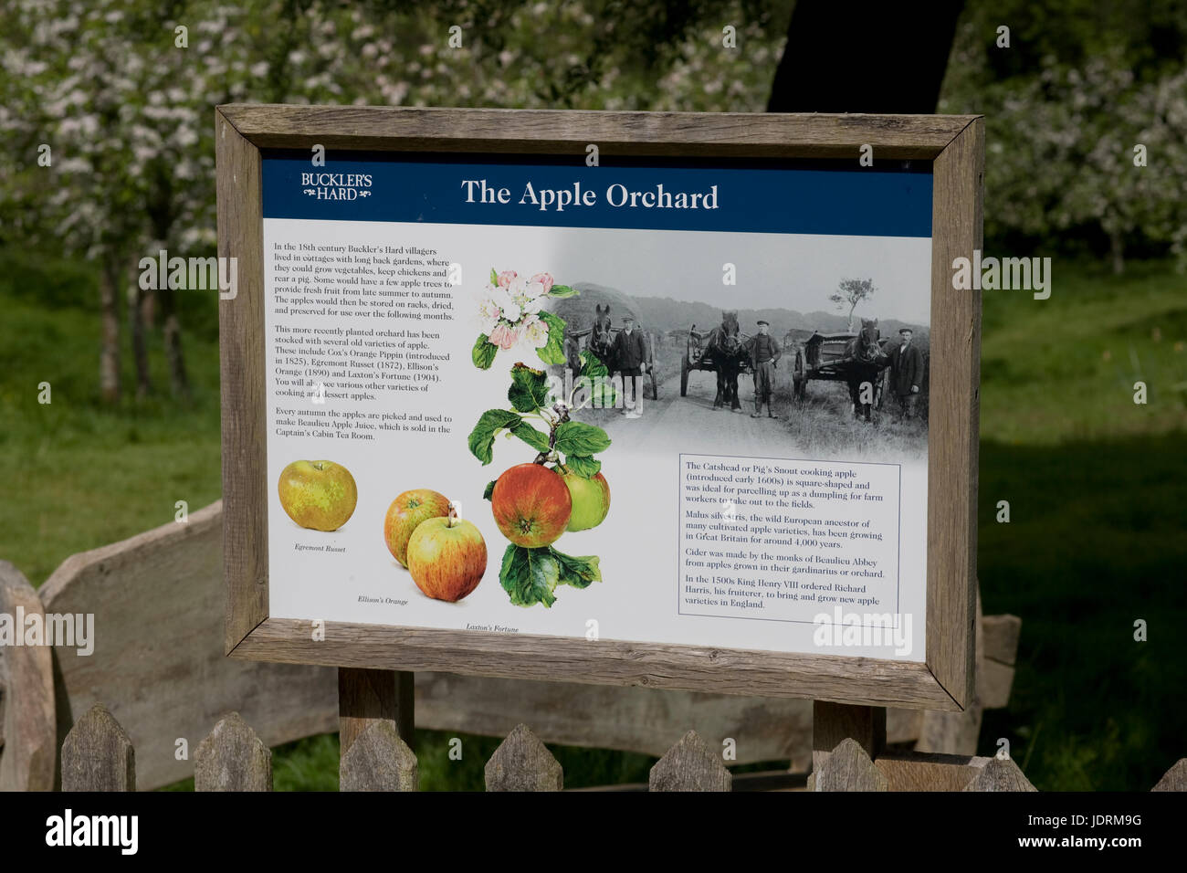 El Huerto de Manzanas con aviso explicativo en Buckler's Hard museo viviente Foto de stock
