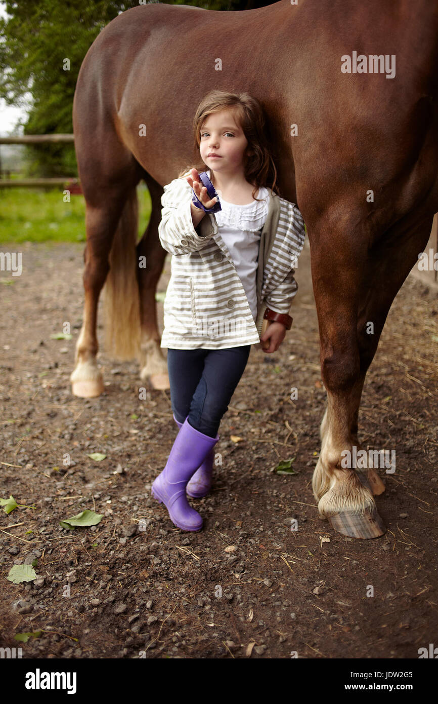 Chica cepillarse el pelo de caballo al aire libre Foto de stock