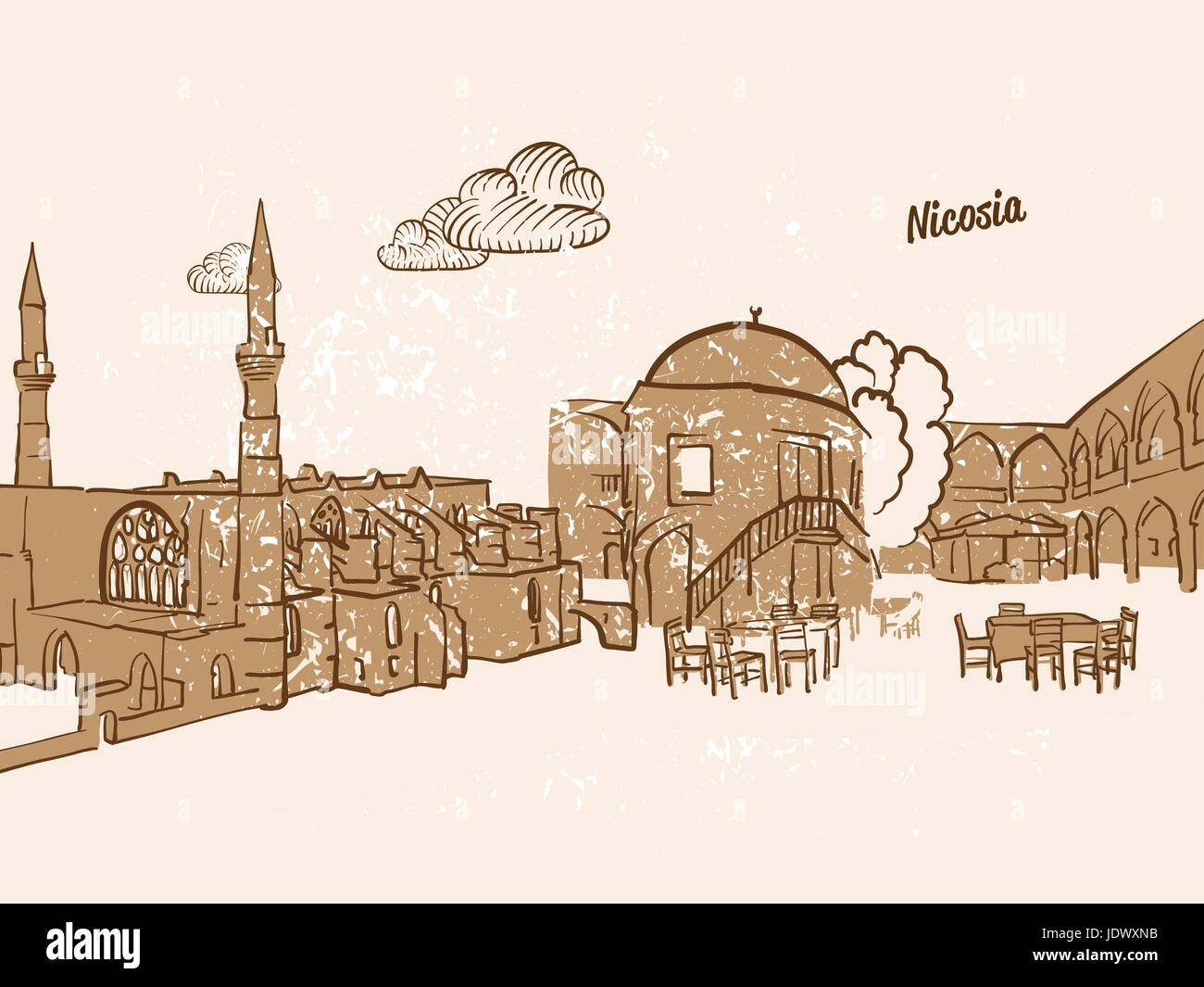 Nicosia, Chipre, Tarjeta de felicitación, imagen dibujada a mano, famosa capital europea, el estilo de época, ilustración vectorial Ilustración del Vector