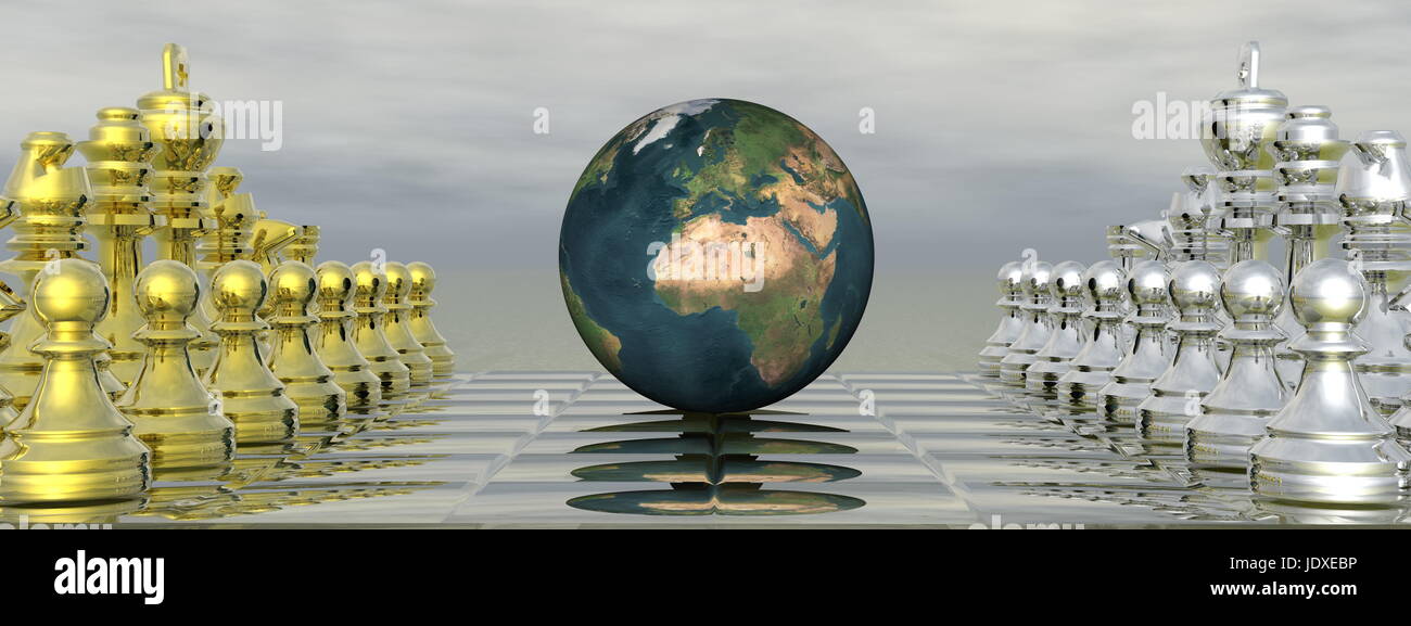Tablero ajedrez con el planeta tierra y cielo - 3D Render Fotografía stock - Alamy