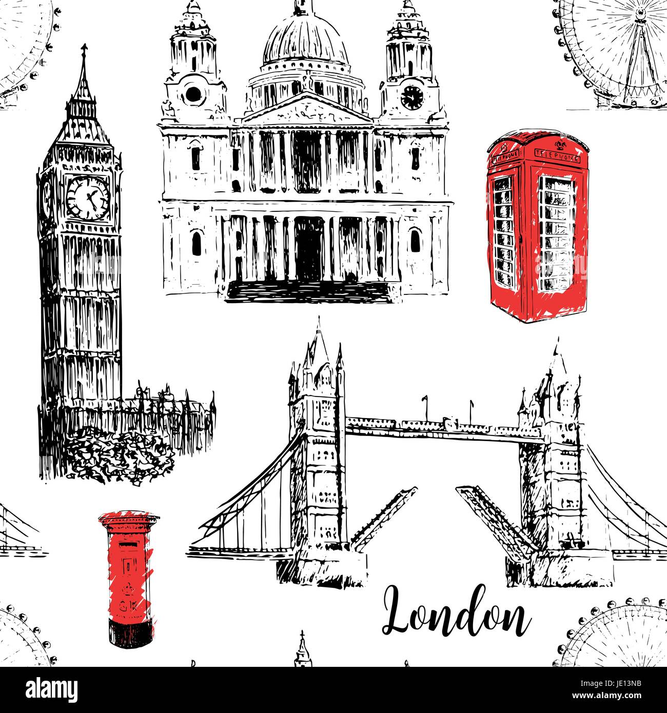 Símbolos arquitectónicos de Londres: la Catedral de San Pablo, el Big Ben y el Tower Bridge, el London Eye. Hermoso dibujo vectorial dibujada a mano patrón sin fisuras. Para imprimir Ilustración del Vector