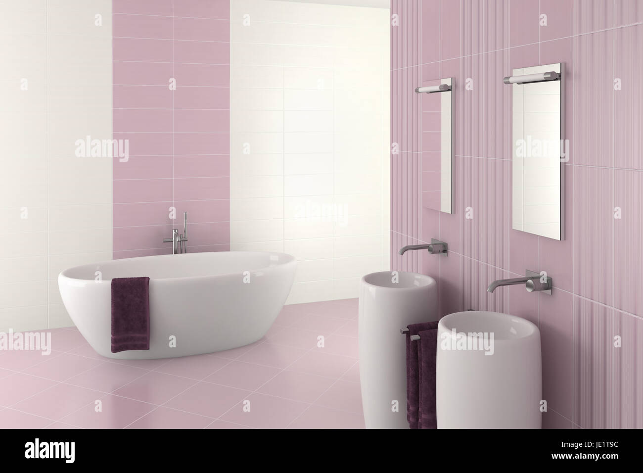 Violeta, moderno baño con lavabo doble y bañera - 3D Render Fotografía de  stock - Alamy