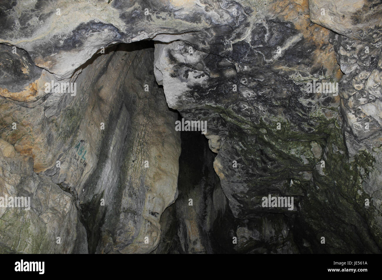 Techo de Frank's Cave (Frank I' Th' Rocas) en Wolfscote Dale, Derbyshire, Reino Unido Foto de stock