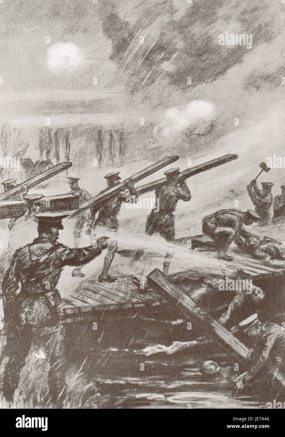 La construcción de un puente bajo fuego de proyectiles. Batalla de Aisne, 1914 Foto de stock