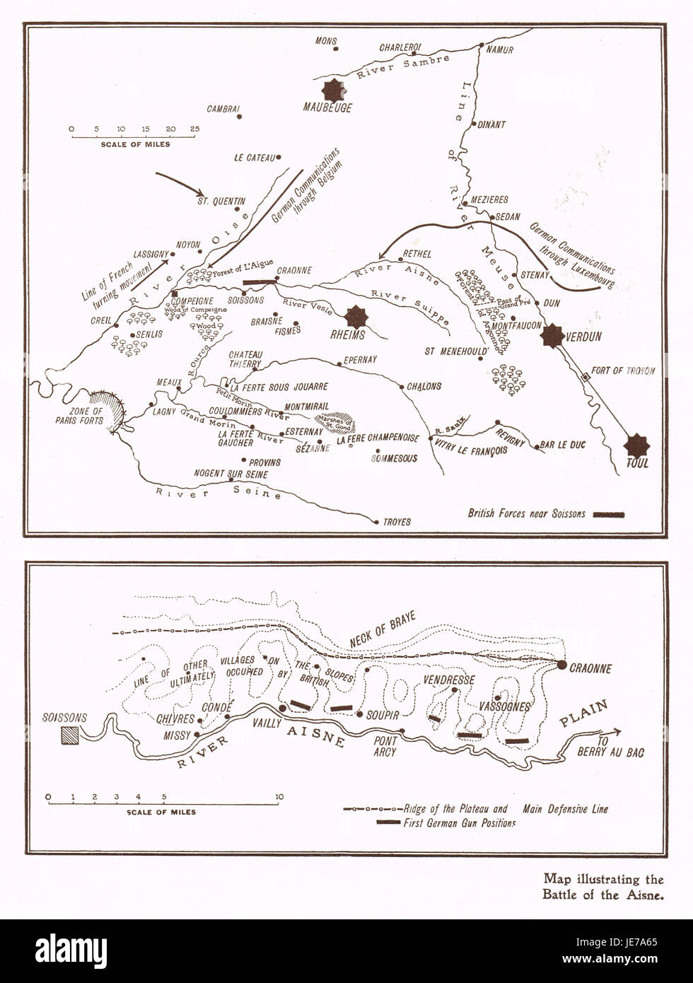 Mapa que ilustra la batalla del Aisne en 1914 Foto de stock