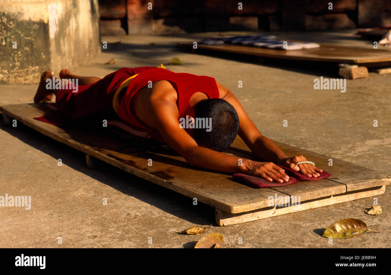 La India, Bihar Bodhgaya , devoto budista acostado boca abajo en el suelo en la postración. Foto de stock