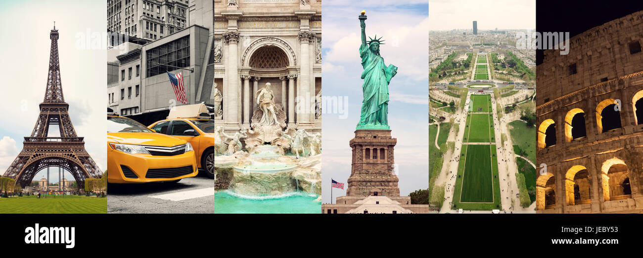 Collage de viaje de famosos lugares y edificios. Foto de stock