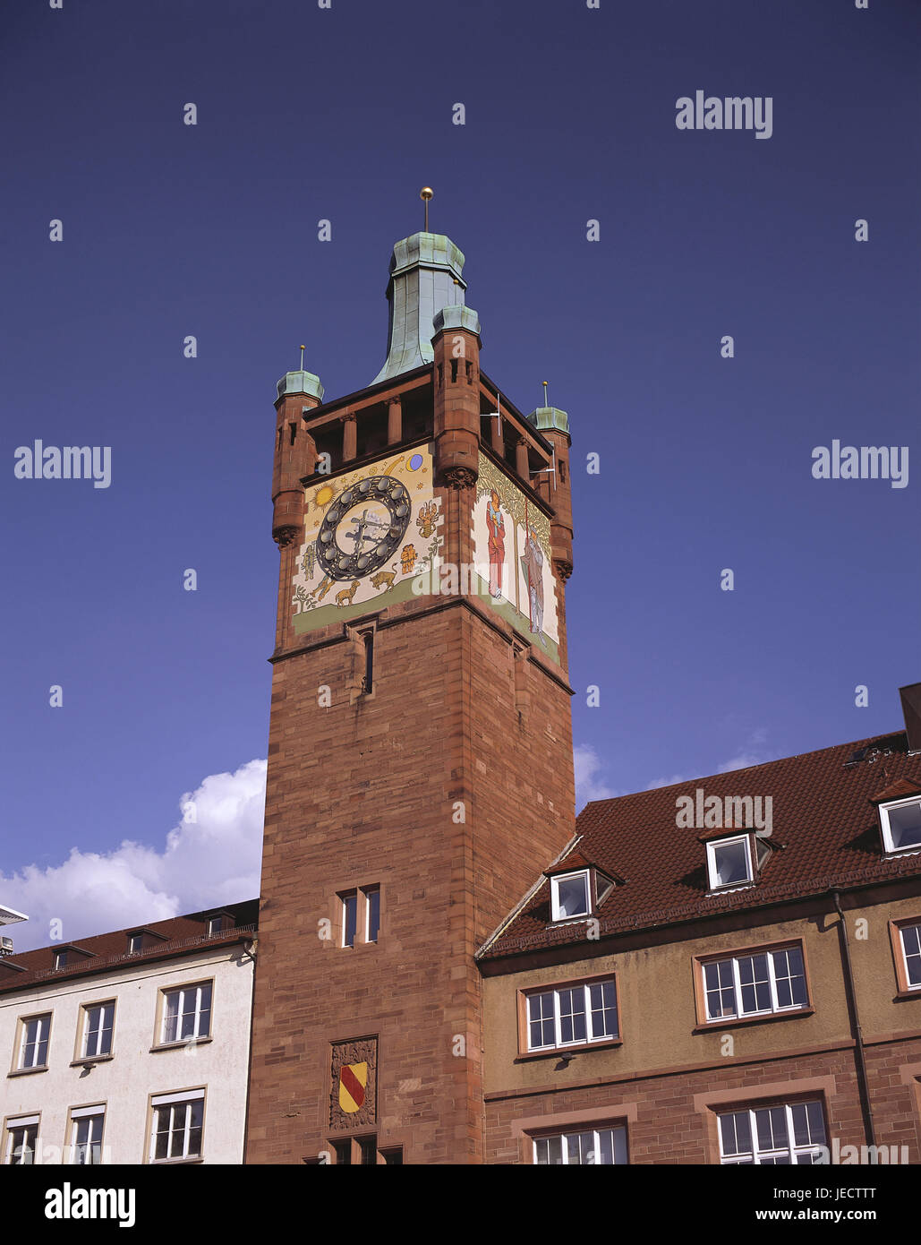 Alemania, Baden-Wurttemberg, Pforzheim, la torre del ayuntamiento, la ciudad, la construcción, el ayuntamiento, la fachada, la torre, reloj, reloj, reloj del ayuntamiento, la torre del reloj, personajes, tiempo, tiempo, exterior, Foto de stock