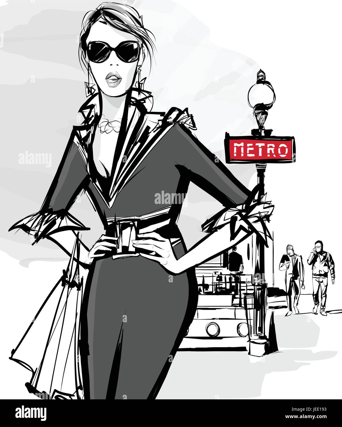 Modelo de mujer de moda de compras en París usando metro - ilustración vectorial Ilustración del Vector
