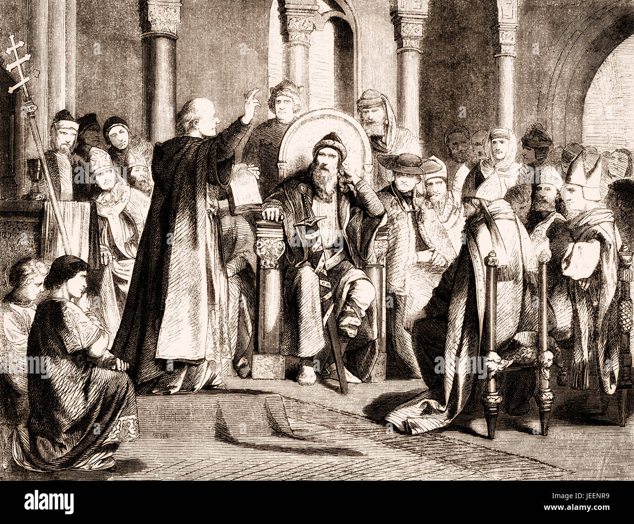 Carlomagno y el juramento de la purgación del Papa san León III, acusada de adulterio y perjurio, Roma, el 23 de diciembre 800 Foto de stock