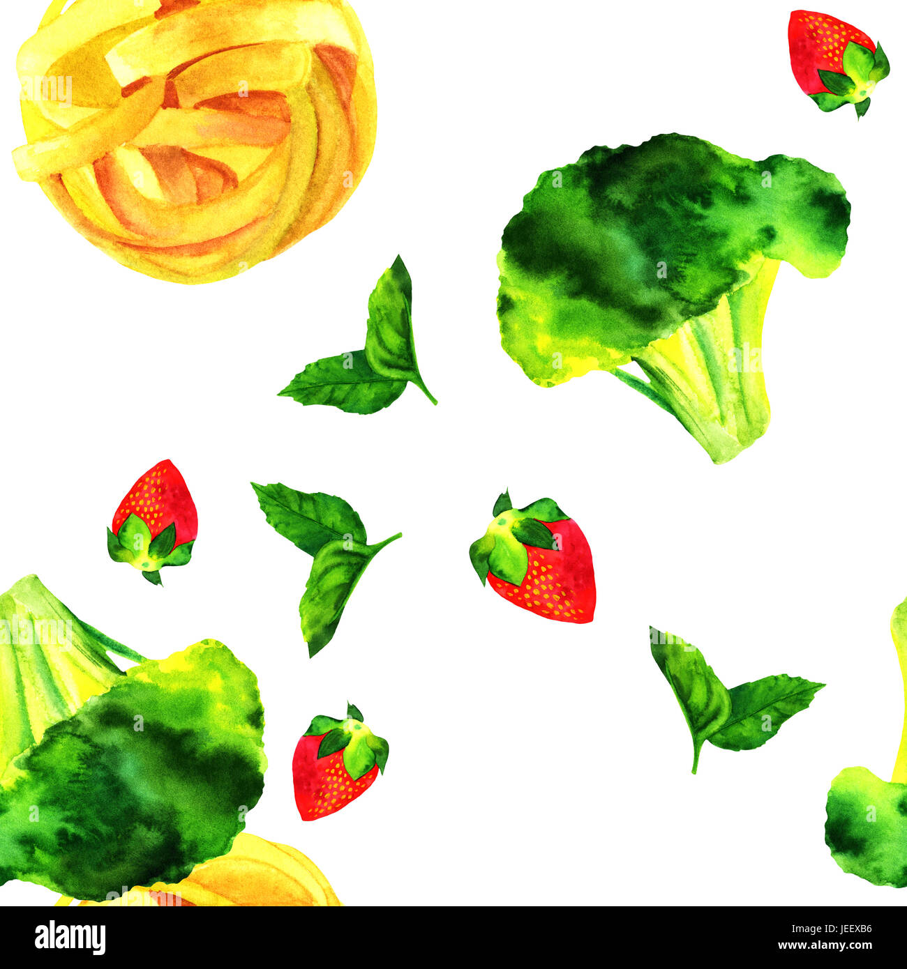Un patrón sin fisuras de la acuarela la alimentación vegetariana themed  dibujos. Hojas de Menta, fresa, brócoli y sprout, pappardelle pasta nido,  pintada a mano sobre Fotografía de stock - Alamy