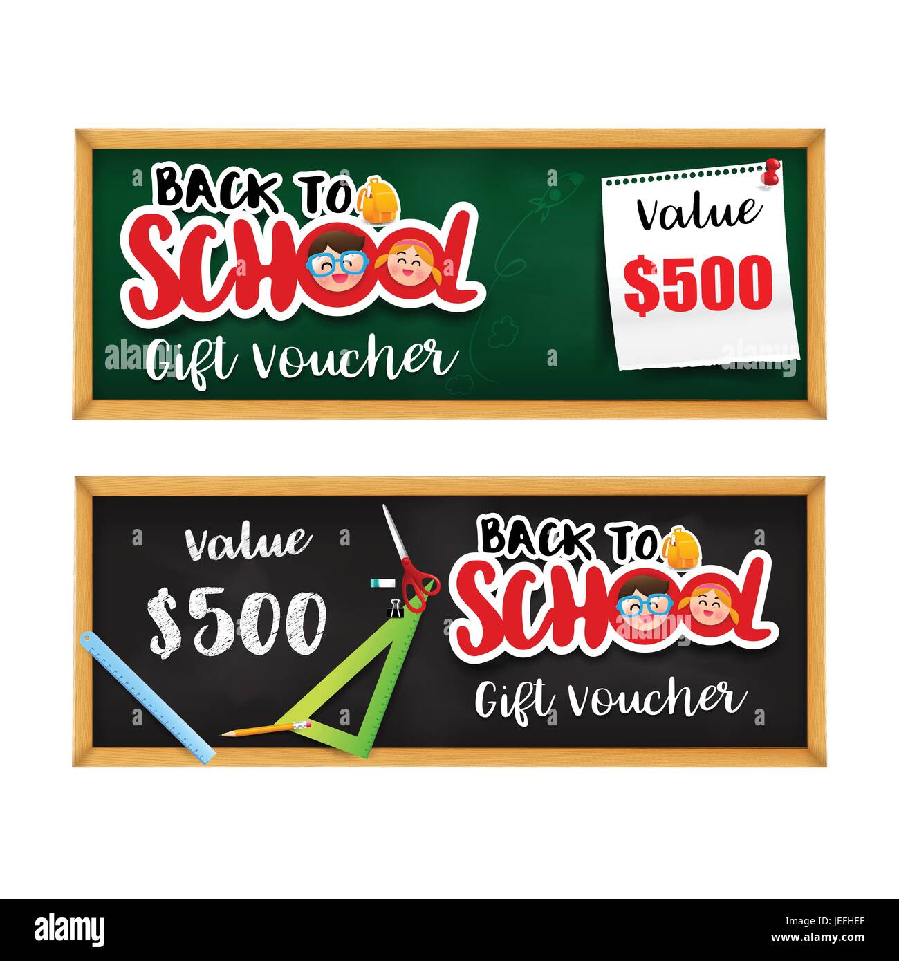 Back to school Gift Voucher plantilla con elemento fijo en el pizarrón