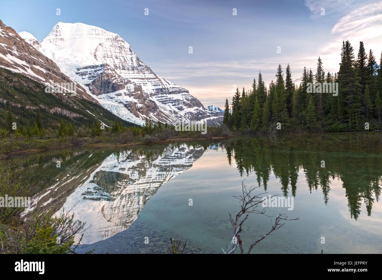 Monte Robson agua quieta refleja en Berg Lake Trail en las Montañas Rocosas de British Columbia, Canadá Foto de stock