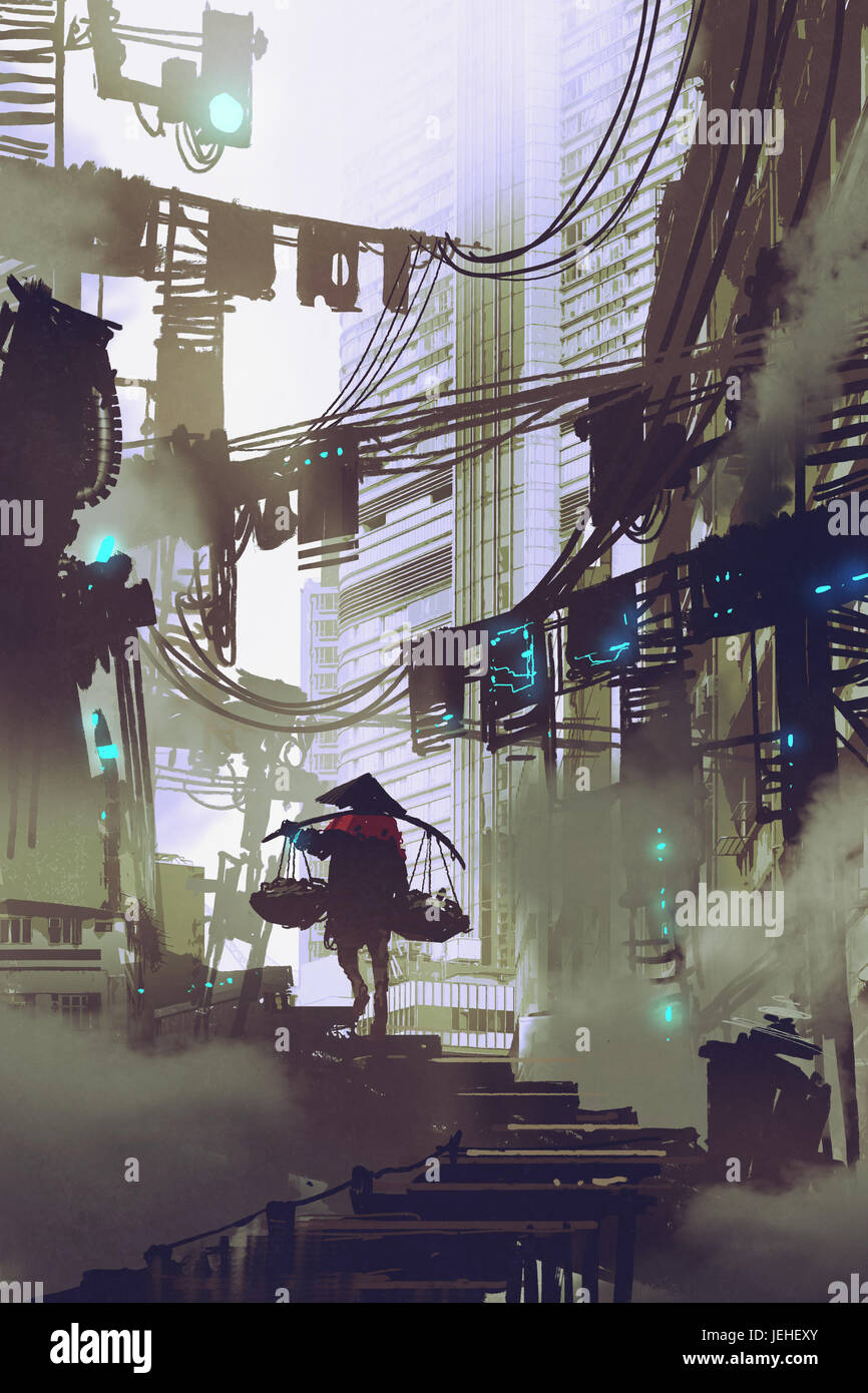 Concepto cyberpunk mostrando robot realizando un polo hombro paseos en ciudad futurista, estilo de arte digital, ilustración pintura Foto de stock