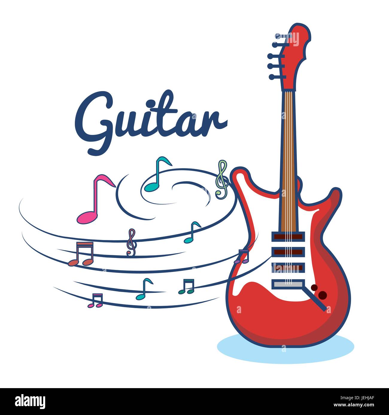 Guitarra eléctrica y notas musicales sobre fondo blanco ilustración