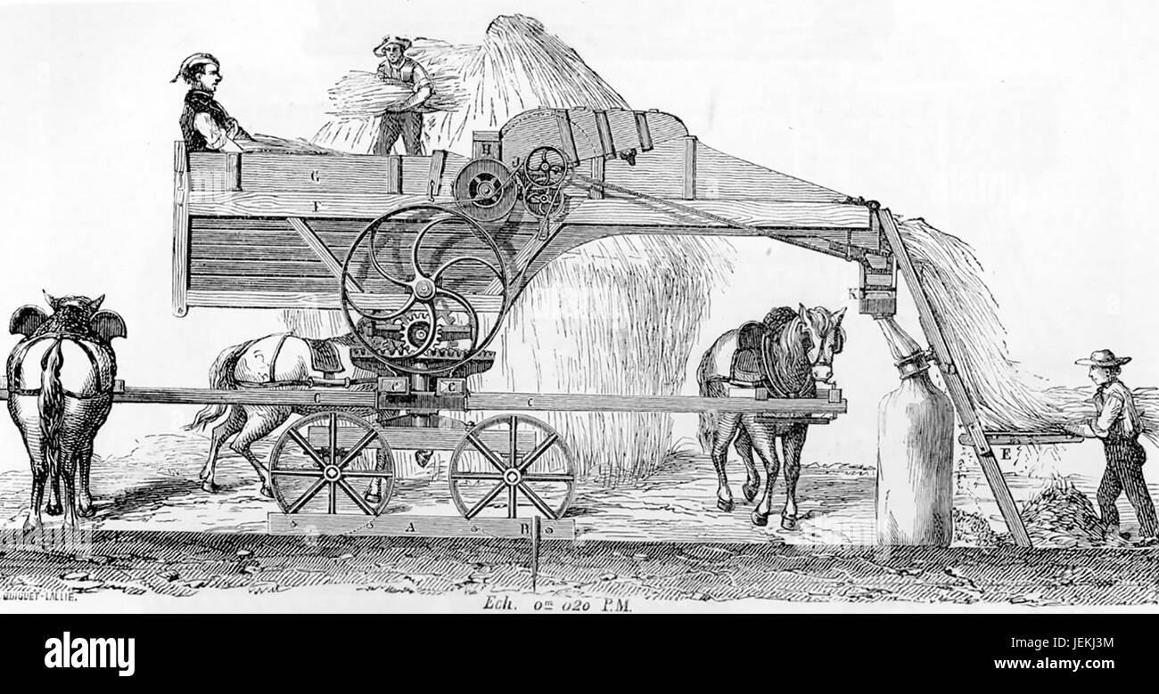 Caballo francés Powered máquina que trilla en 1881 Foto de stock