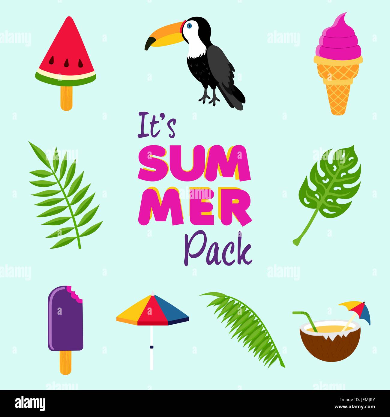 Conjunto de iconos de verano, playa, elementos de decoración para la  temporada de verano. Incluye hojas de palmeras tropicales, parte de bebidas  y helados. Vector EPS10 Imagen Vector de stock - Alamy