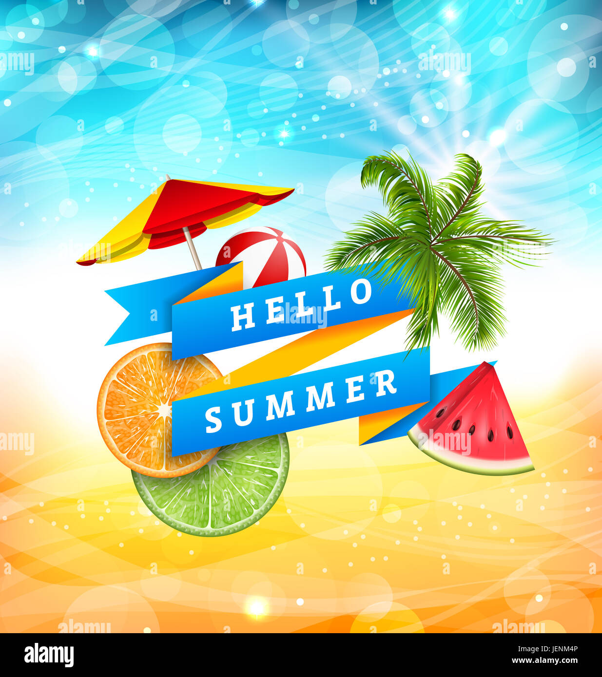 Verano divertido diseño de póster con sandía, sombrilla, pelota de playa,  rodajas de naranja y limón, hojas de palmera. Banner Hola Verano -  Ilustración Fotografía de stock - Alamy