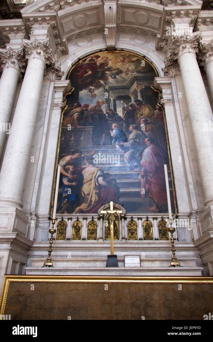 Venecia Veneto Italia. La pintura de Luca Giordano titulado 'La presentazione della Vergine al Tempio" 1674, en el interior de la iglesia de 'Santa Maria della S Foto de stock