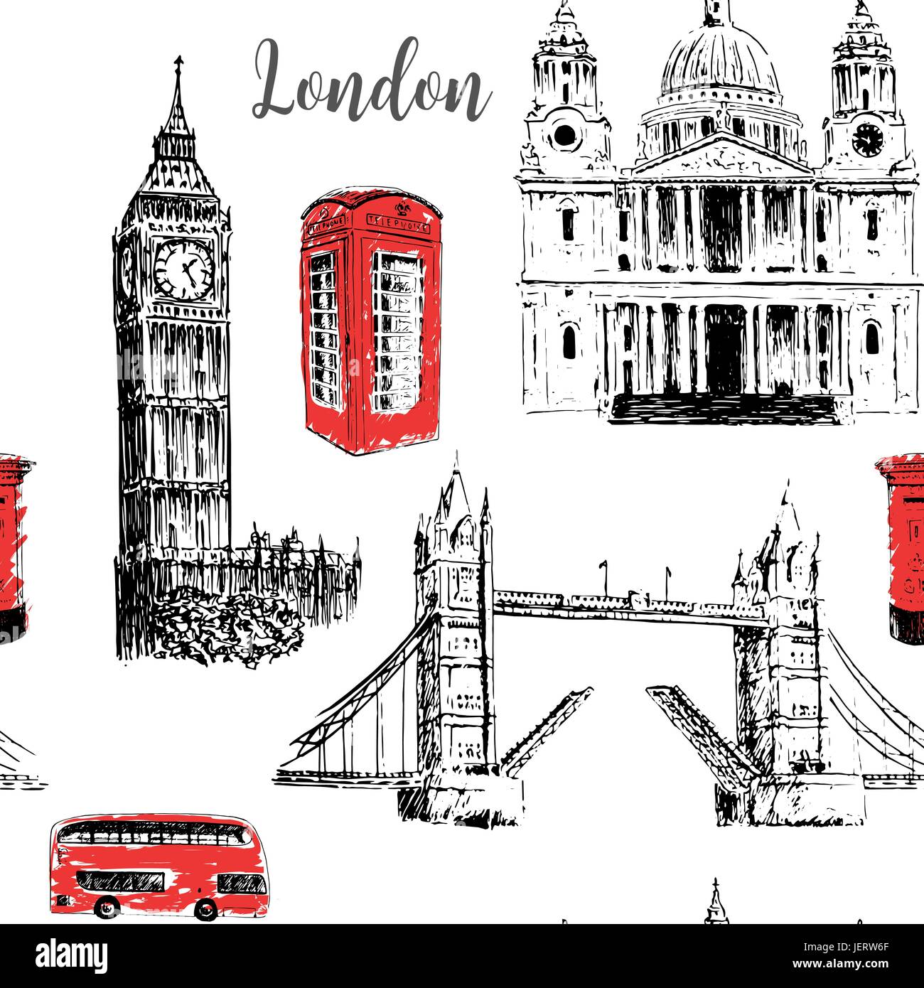 Símbolos de Londres: la Catedral de San Pablo, el Big Ben y el Tower Bridge. Hermoso dibujo ilustración vectorial dibujada a mano. Ilustración del Vector