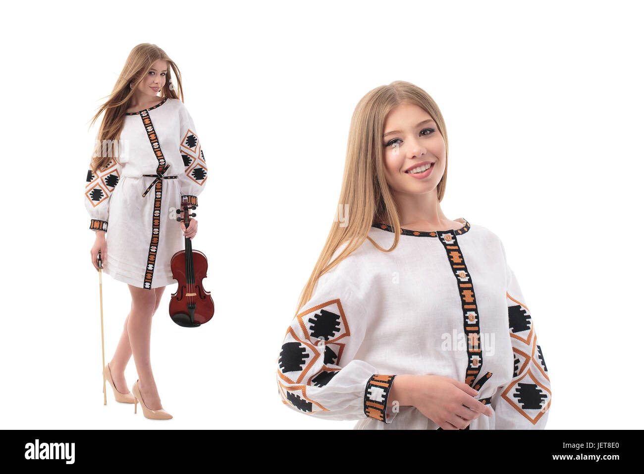 Hermosa mujer ucraniana en el traje nacional. Atractiva mujer ucraniana luciendo en bordado tradicional ucraniana, de pie, con el violín en Isola Foto de stock