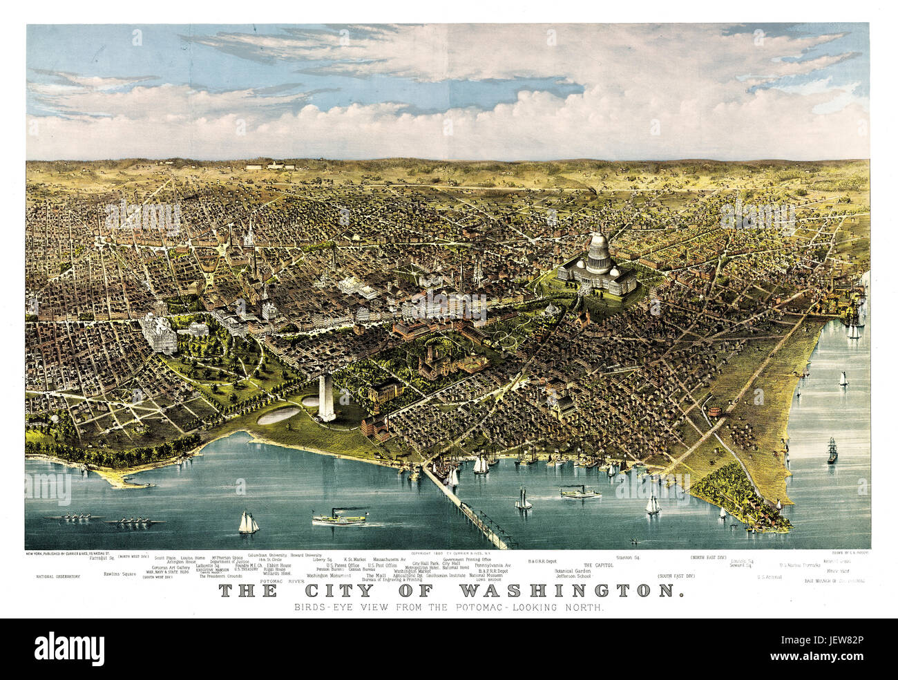 Antigua vista aérea de la ciudad de Washington, D.C., del Potomac. Por Parsons y Charles, publ. Currier & Ives, Nueva York, 1880 Foto de stock