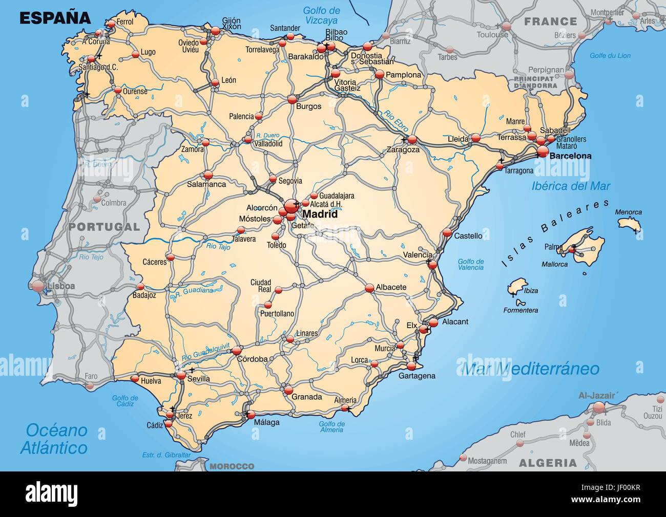 Mapa de España con la red de transporte en naranja pastel Imagen Vector de  stock - Alamy