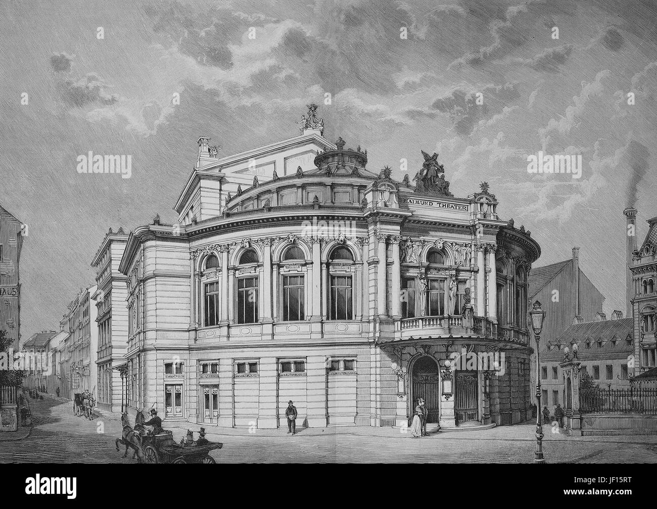 Ilustración histórica del Teatro Raimund, un teatro en el distrito de Mariahilf Viena, Austria, mejor reproducción digital de una impresión original de 1888 Foto de stock