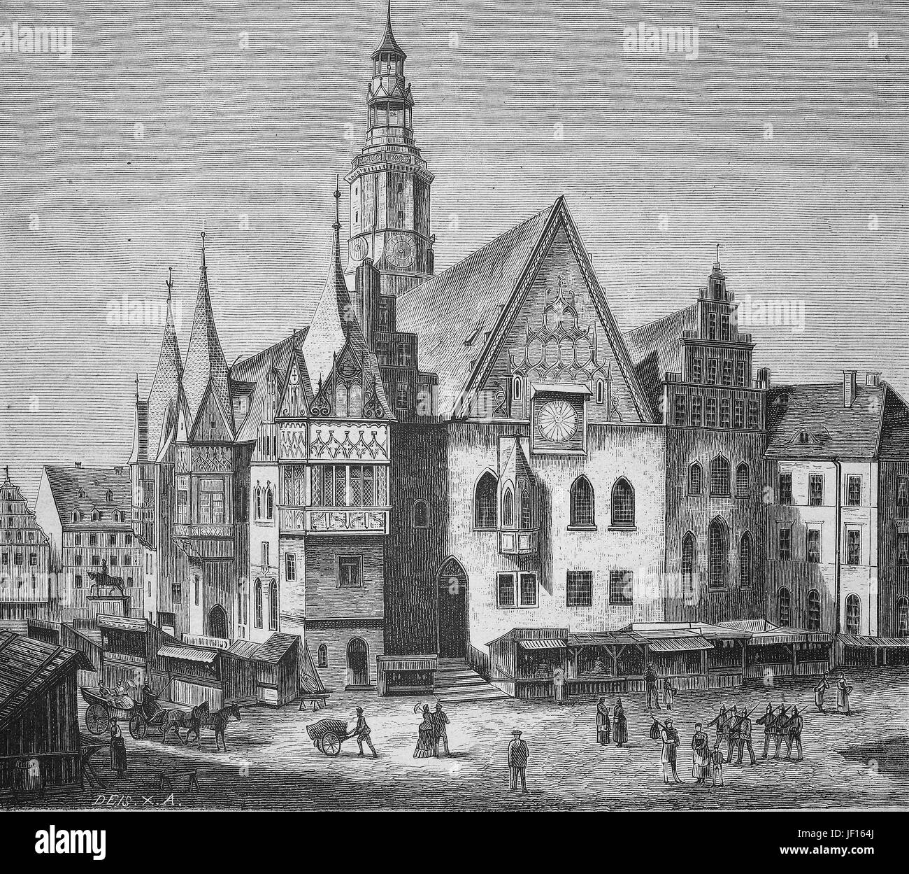 Ilustración histórica del ayuntamiento de Breslau, Wroclaw, antigua ciudad alemana, ahora Polonia, Silesia, mejor reproducción digital de una impresión original de 1888 Foto de stock