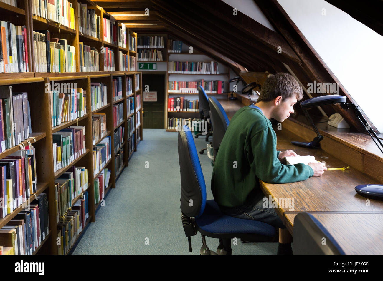 Estudiante universitario que estudia en la biblioteca, Queens College Cambridge University, Cambridge UK Foto de stock