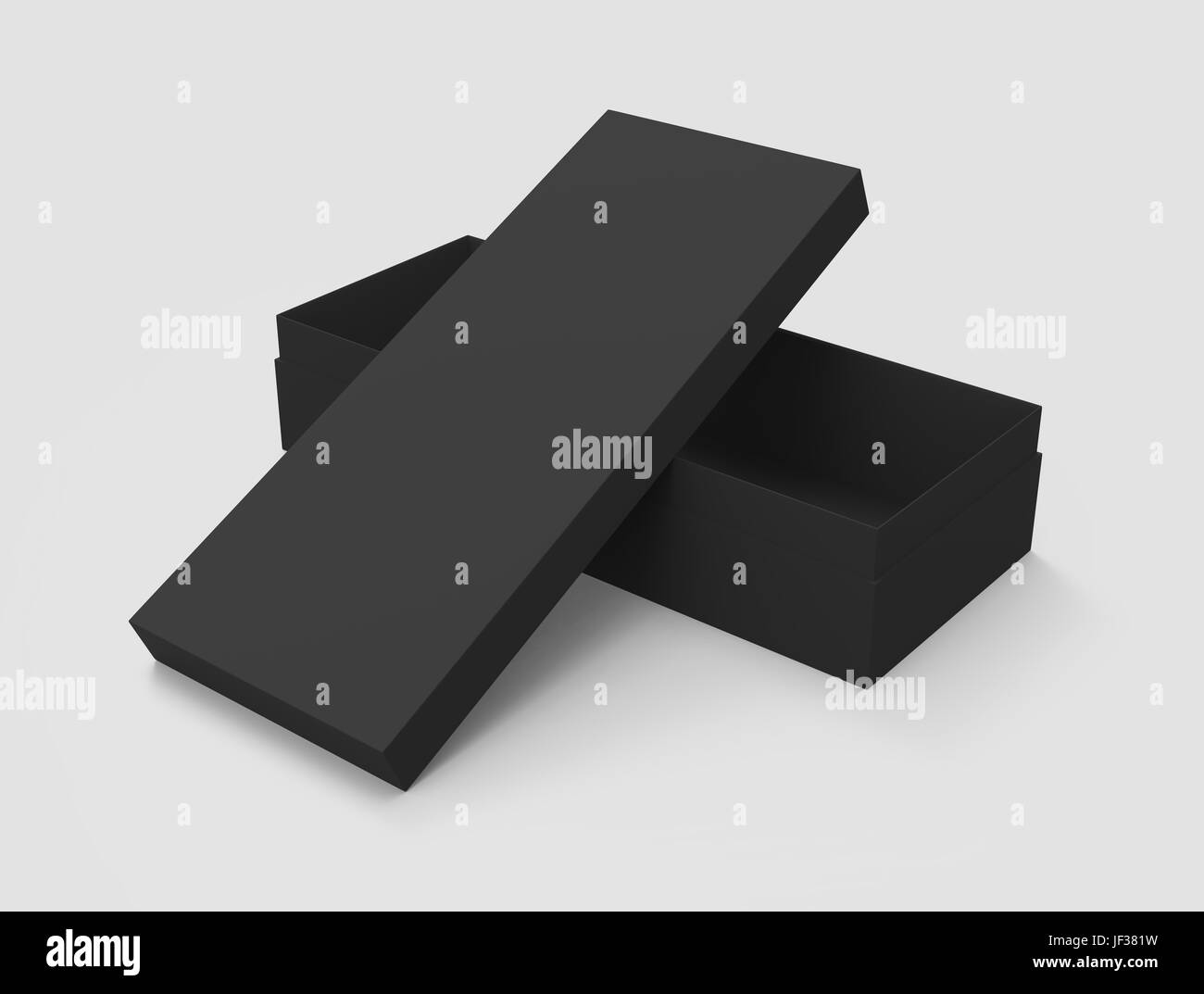 3D rendering negro en blanco la mitad abrir caja y tapa, colocados en forma de cruz, aislado fondo gris claro vista elevada Foto de stock
