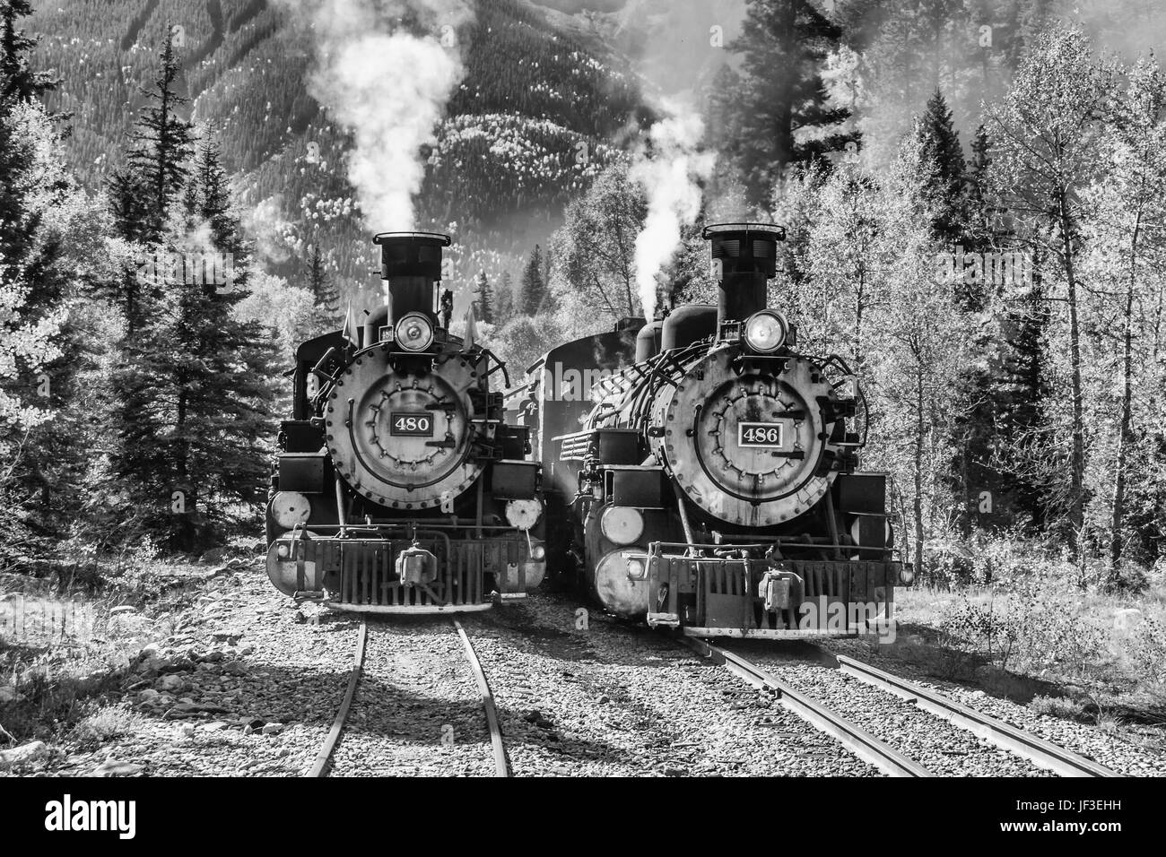 Ferrocarril de vía estrecha Durango y Silverton 1925 2-8-2 locomotoras de vapor Baldwin tipo Mikado con tren mixto histórico en Needleton Siding. Foto de stock
