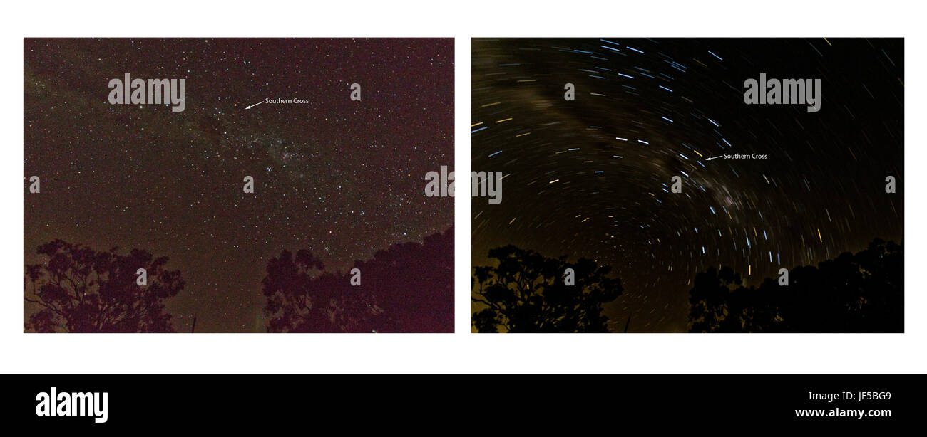 Cielo nocturno y Star Trail que muestra la constelación de la Cruz del Sur en la vertical de Esk, Queensland, Australia, el sábado 24 de junio, 2017 a las 8 p.m. Foto de stock