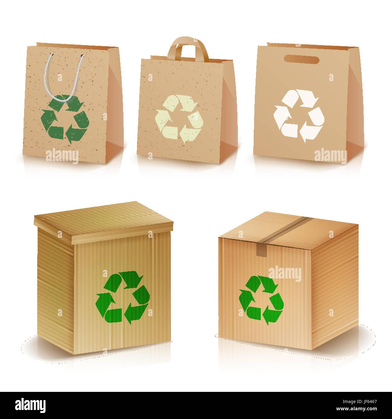 Bolsas de papel reciclado y cajas. Paquete de artesanía ecológica en blanco  realista. Ilustración de compras bolsas de papel marrón reciclado y cajas  con el símbolo de reciclaje. Ilustración aislada Imagen Vector