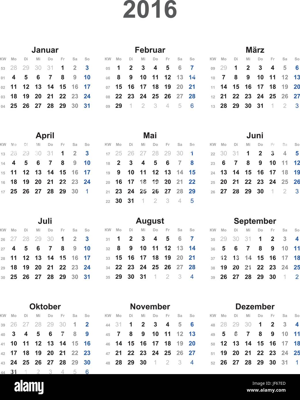 Calendario 2016 universal - excepto festivos Imagen Vector de stock - Alamy