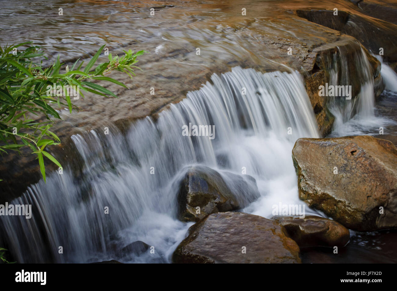 El agua dulce que fluye sobre piedras en un arroyo. Foto de stock