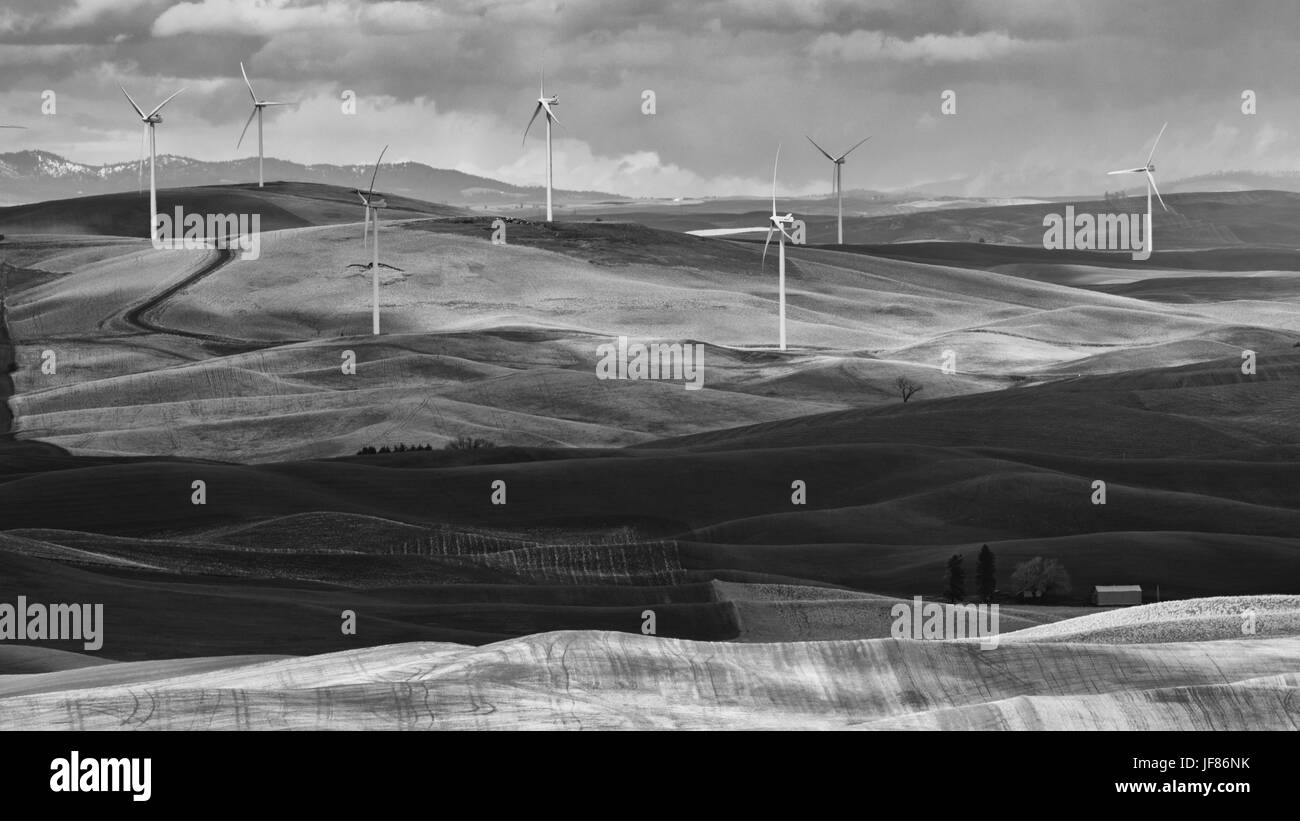 Las turbinas eólicas sobre tierra labrantía de Palouse en el este de Washington. Foto de stock