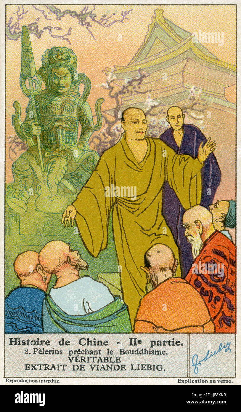 Los peregrinos predicando el budismo (desde 217 AD). La historia de China. Los coleccionistas de tarjetas Liebig 1933 Foto de stock