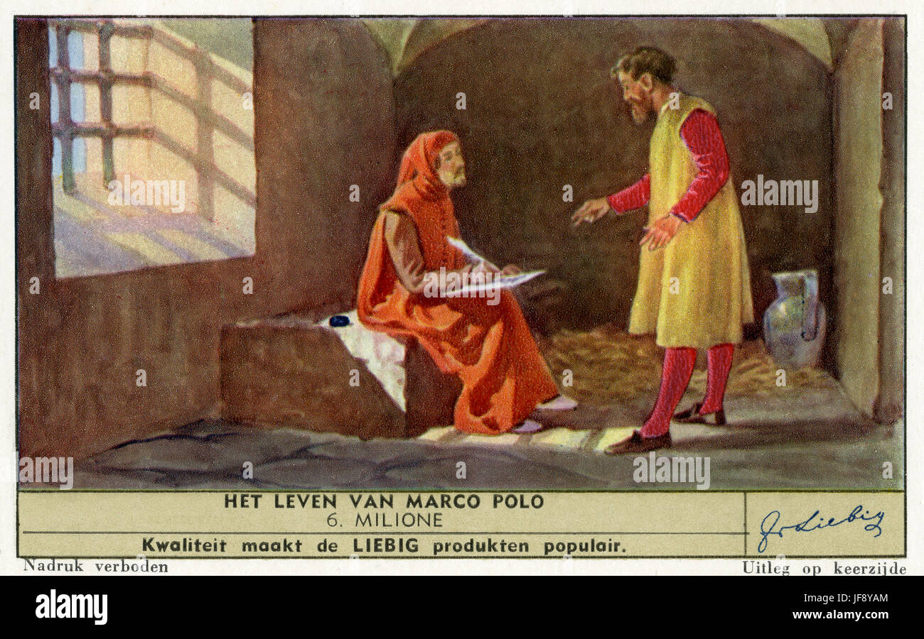 Rustichello da Pisa transcribir 'Il Millione" (Los viajes de Marco Polo / Libro de las Maravillas del Mundo' de cuentos de Marco Polo (1254 - 8 de enero de 1324), el explorador veneciano. Tarjeta de coleccionistas de Liebig, 1941 Foto de stock
